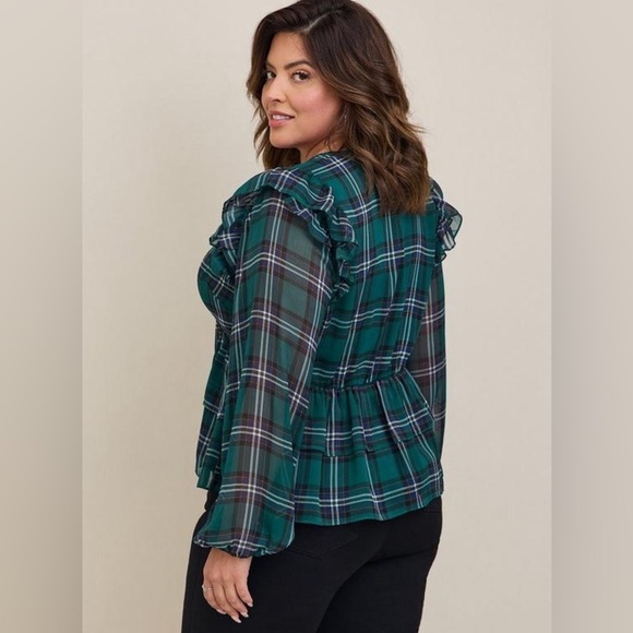 NWT Torrid Green Plaid Chiffon Ruffled Sleeve Cropped Top Flounce 3X, 22-24 Gift - Picture 9 of 16